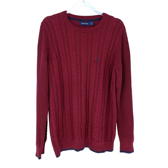 Nautica Other - Nautica Mens Burgundy Cable Knit L 100% Cotton Crewneck Sweater Nautical Logo